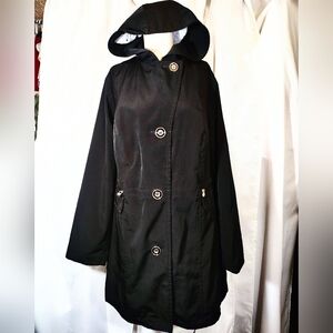 Dressbarn Midi Trench  Coat, Women, Black Button Up, Zip Pockets, Lined, Hood 16